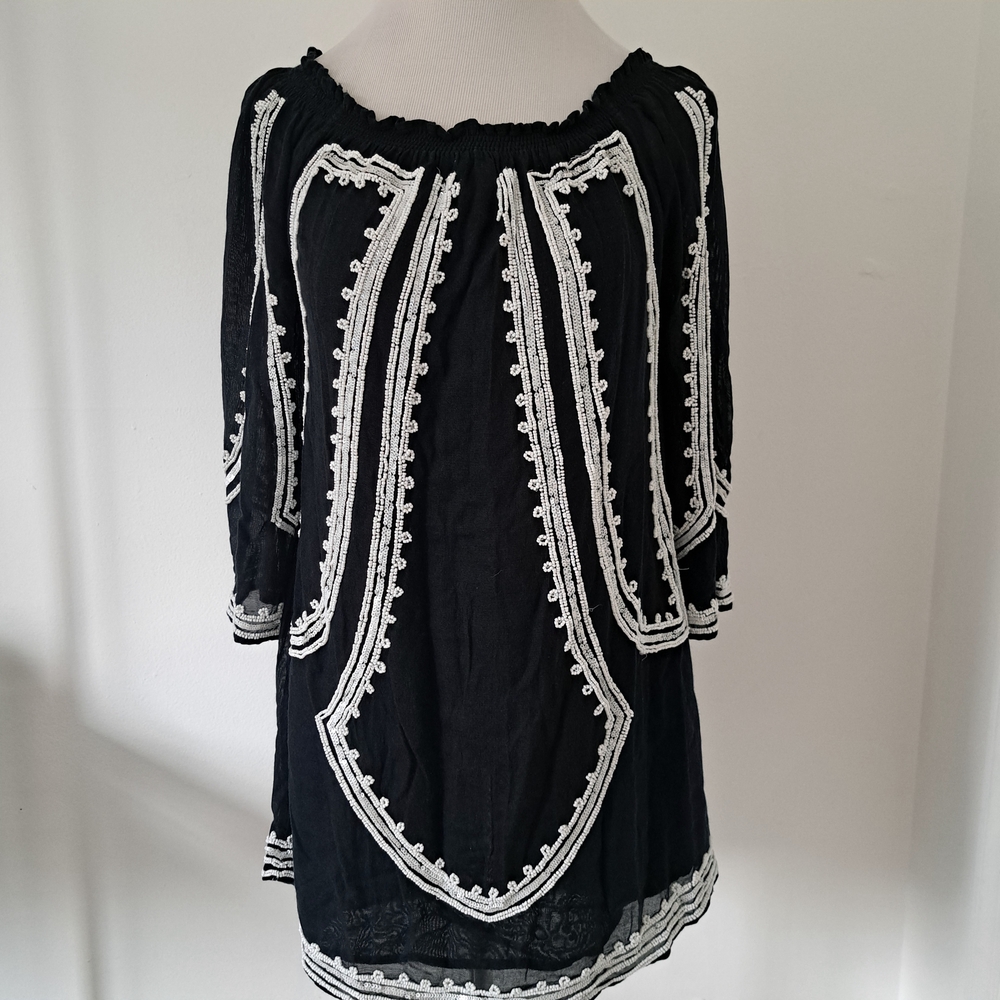 Black Embroidered Off Shoulder Beaded‎ Tunic Top Boho Festival 3/4 Sleeve
